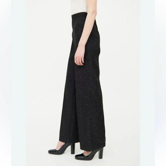 Jason Wu Black Shine Tweed Pleated Trouser straight wide Pants Dark Academia 6 S - Picture 3 of 11